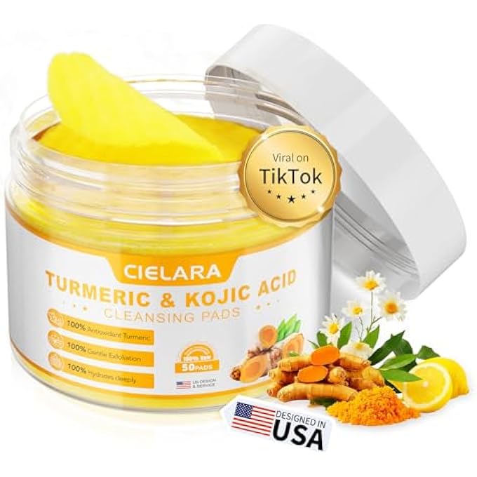 STRBOXONG TURMERIC KOJIC ACID CLEANSING PADS FOR DARK SPOTS REMOVER FOR FACE, LEMON TURMERIC PADS WITH VITAMIN C & E, DEEP CLEAN PORES, HYDRATE & PLUMP SKIN EXFOLIATING WITH KOJIC ACID 50 COUNT - Image 1